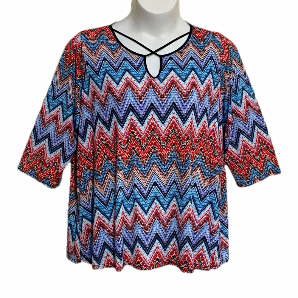 Avenue Blouse Womens Plus 26/28 Blue Red Chevron Strappy Knit Stretch 3/4 Sleeve